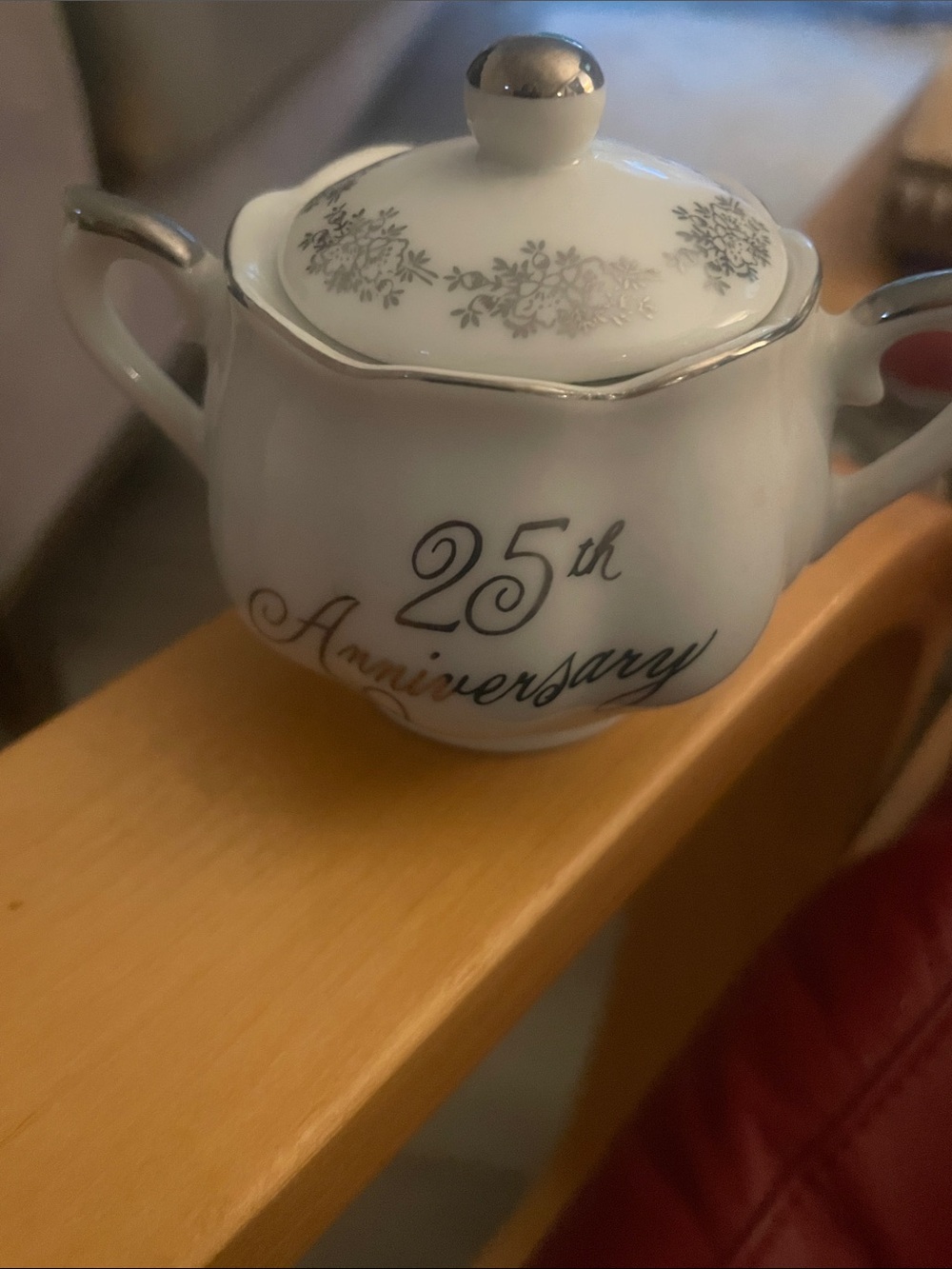 25th Anniversary Porcelain sugar Bowl with Silver Trim and lid